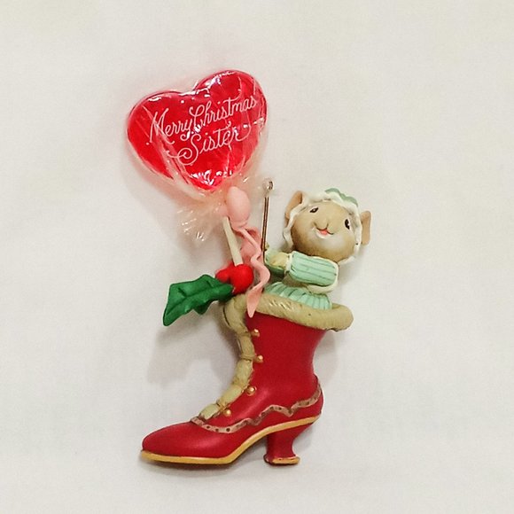 Merry Christmas Sister Mouse Shoe Boot Heart Enesco Christmas Ornament 3" 1992 - Picture 1 of 8